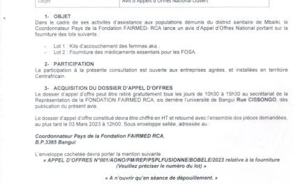 <strong>FAIR MED: Avis d’Appel d’Offre pour la fourniture des médicaments et kits d’accouchement des femmes AKA</strong>