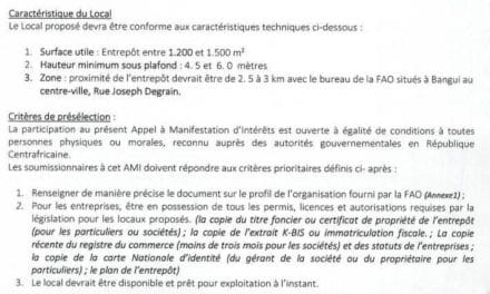 Avis à manifestation d’intérêt de la FAO pour la location d&rsquo;un entrepôt à Bangui