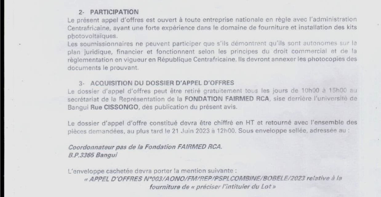 Centrafrique : Avis d’Appel d’offres de FAIRMED pour fourniture et installation de deux kits photovoltaïques