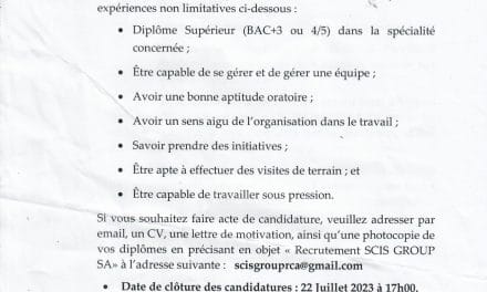 SCIS GROUP SA recrute des agents d’encadrement pour le développement de ses activités en Centrafrique