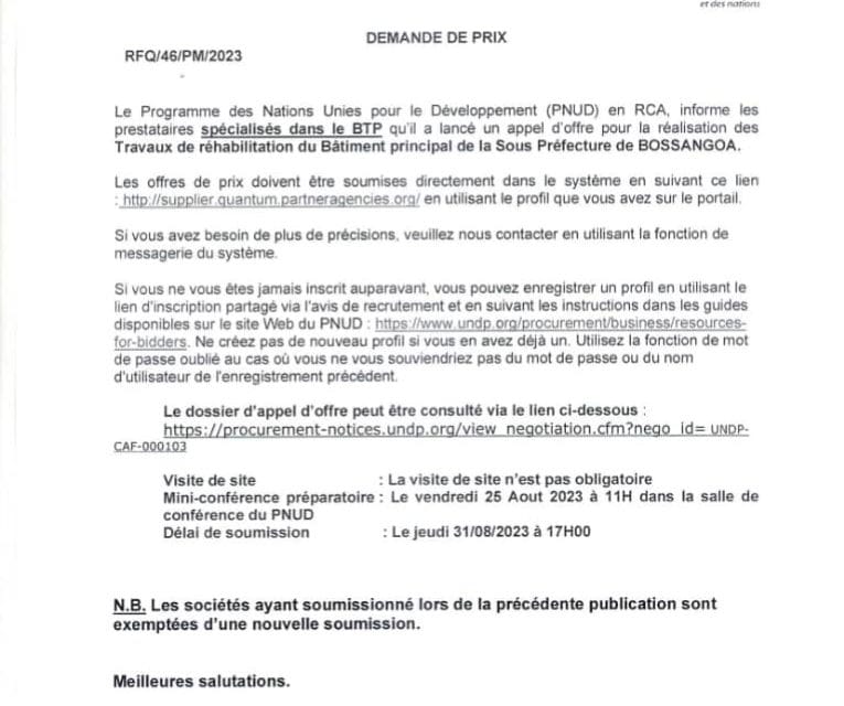 Centrafrique : PNUD: Demande des prix pour la réhabilitation du bâtiment principal de la sous-préfecture de Bossangoa