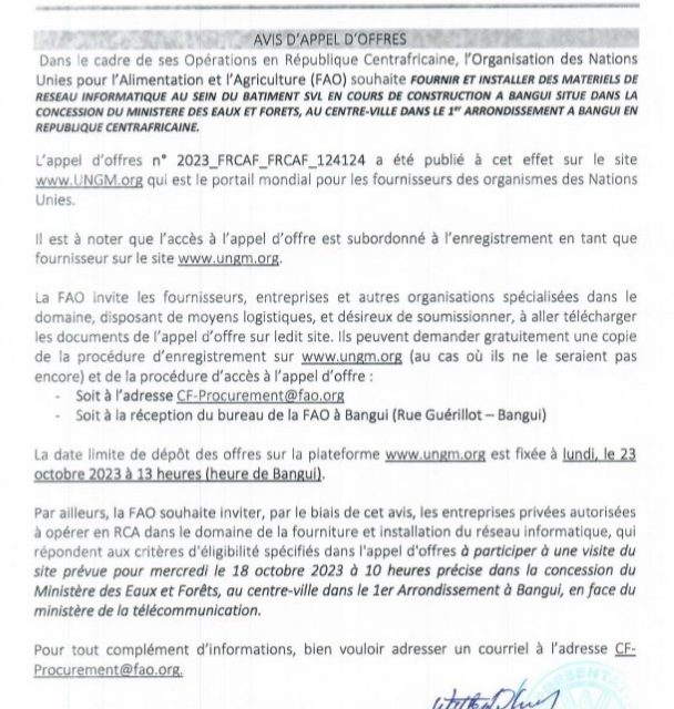 FAO : Avis de fourniture et d’installation de matériels informatiques