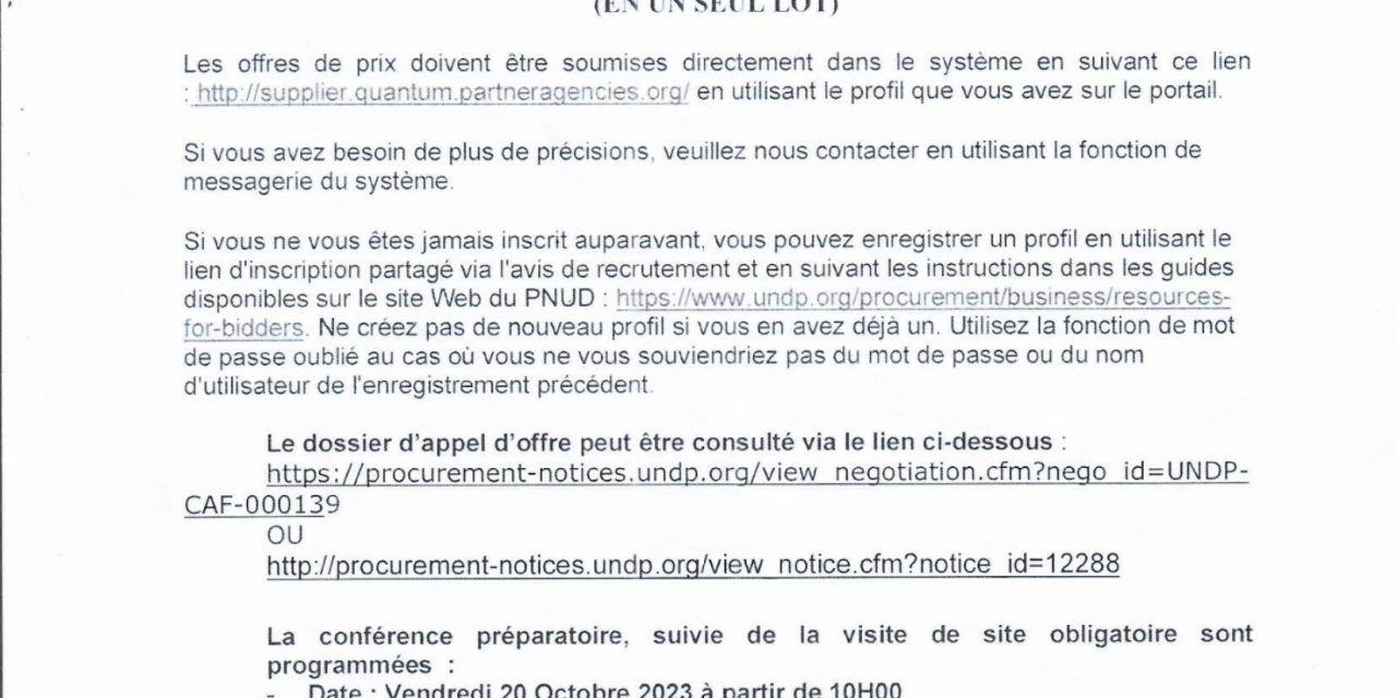 CentrafriquePNUD: Appel d’offre pour les travaux de construction d’une petite centrale hydroélectrique à Gamboula