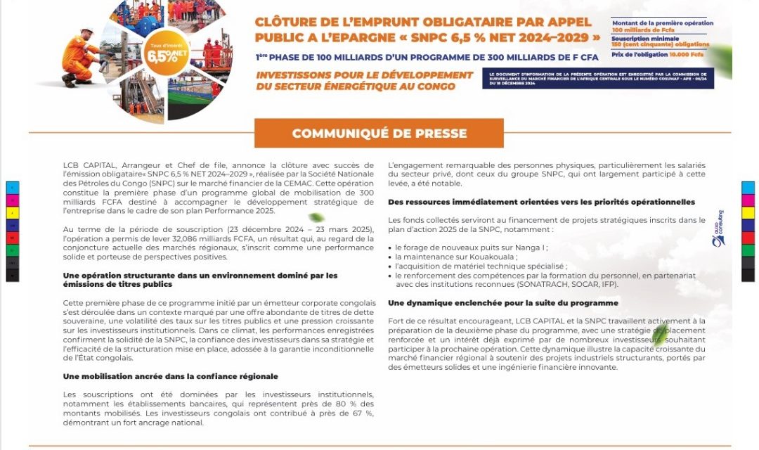 Clôture de l’emprunt obligataire par appel public à Epargne « SNP 6,5% Net 2024-2029 »