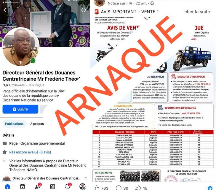 FAUX : la Douane centrafricaine n’a pas lancé un avis de vente aux enchères